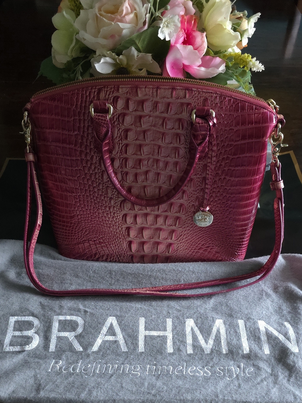 Brahmin Magenta Croc-Embossed Leather Satchel